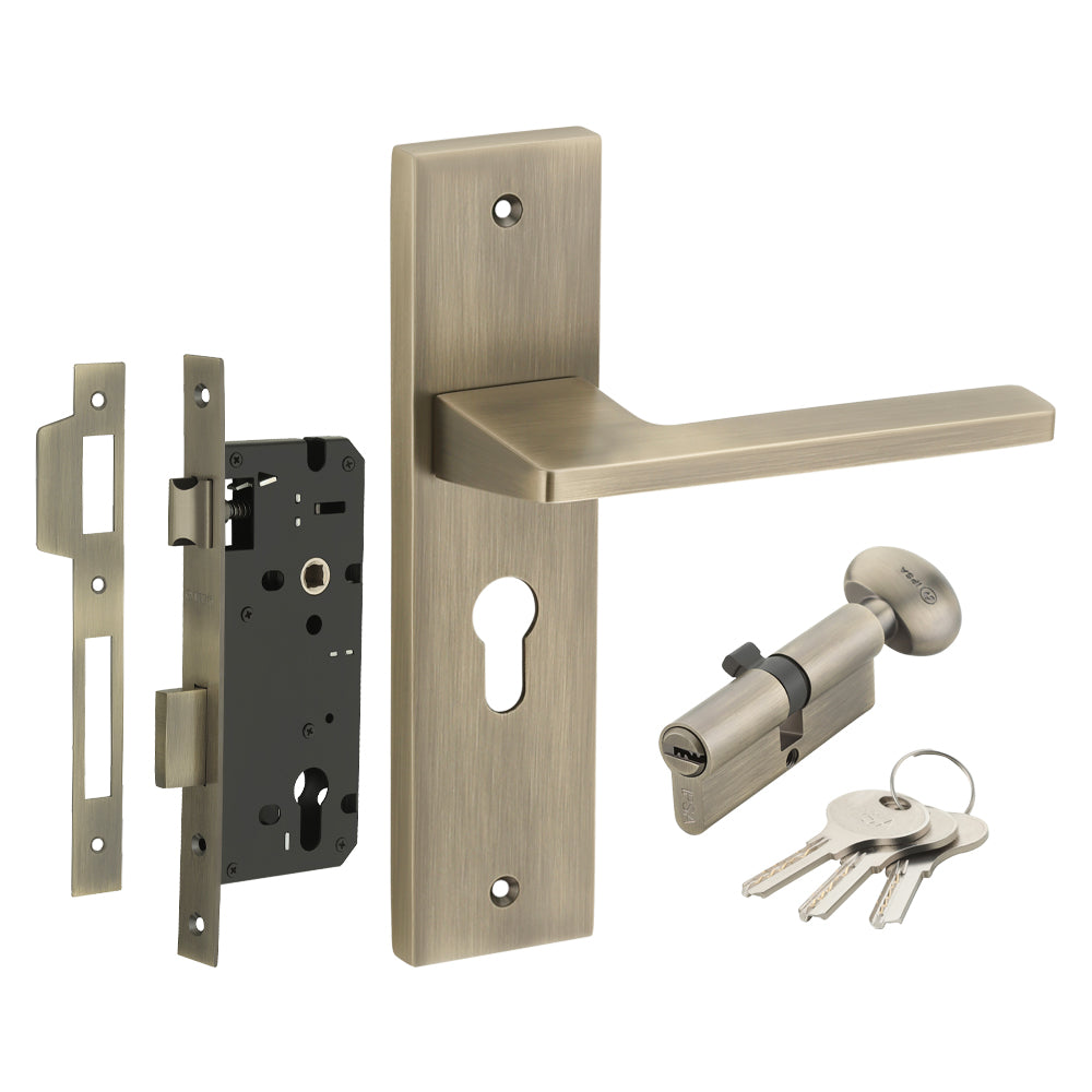 IPSA Cyan Moderna Handle Series on 8" Plate CYS Lockset with 60mm One Side Key and Knob - Matte Antique Finish ATQ